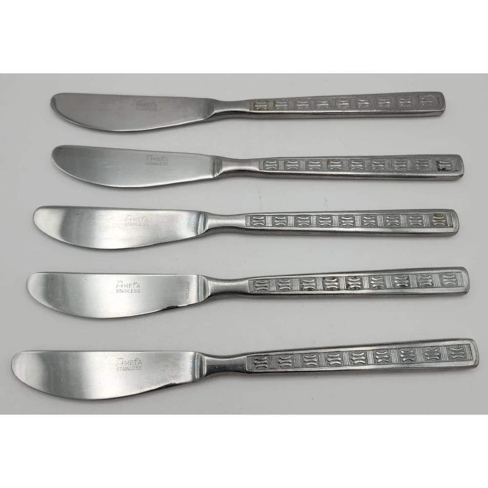 Amefa Holland‎ Stainless Dinner Knife 5 Knives Disc. Geometric Pattern VTG HTF